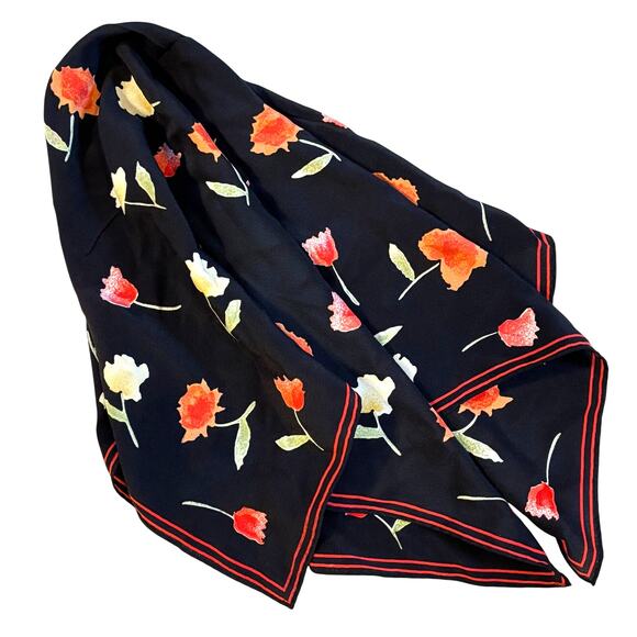 Silky Scarf Black & Multicolor floral neckerchief red green yellow small square - Picture 2 of 6
